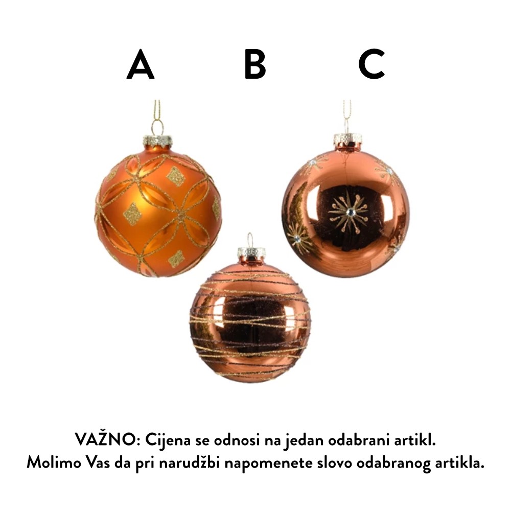 962398 Staklene kuglice dekorirane 8cm x3kom cider narančasta/zlatna